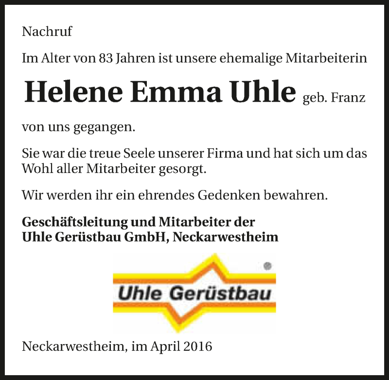  Traueranzeige für Helene Emma Uhle vom 06.04.2016 aus 