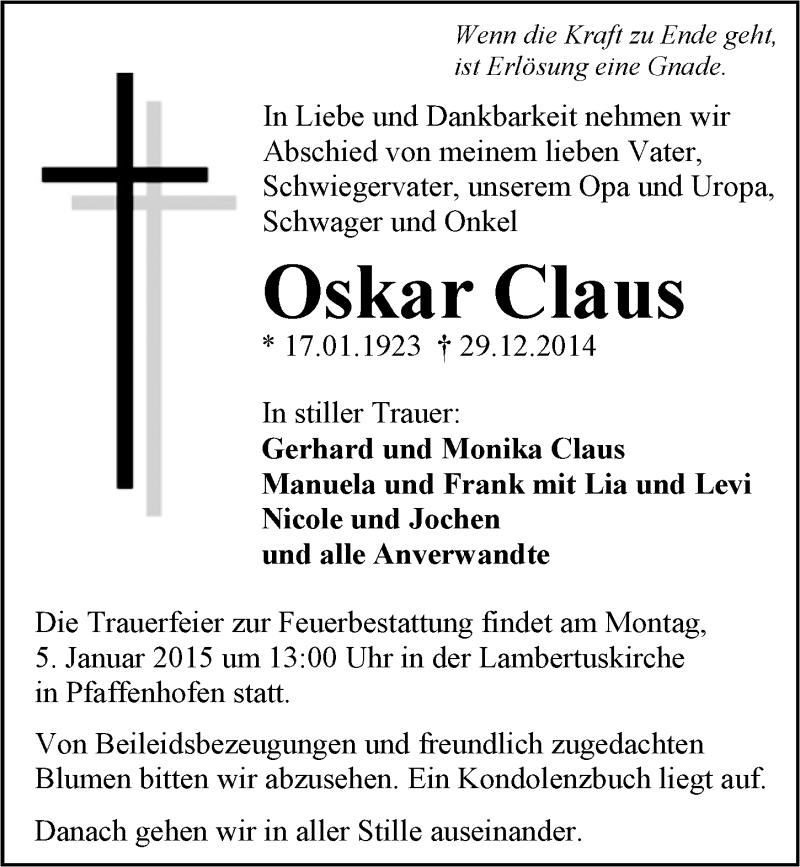  Traueranzeige für Oskar Claus vom 02.01.2015 aus 
