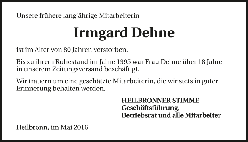  Traueranzeige für Irmgard Dehne vom 14.05.2016 aus 