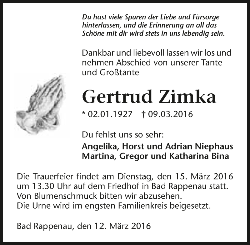  Traueranzeige für Gertrud Zimka vom 12.03.2016 aus 