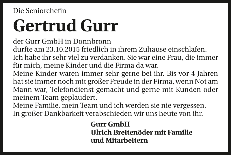  Traueranzeige für Gertrud Gurr vom 27.10.2015 aus 