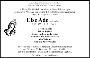 Traueranzeige von Else Ade 