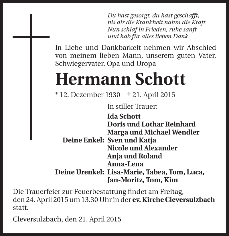  Traueranzeige für Hermann Schott vom 22.04.2015 aus 