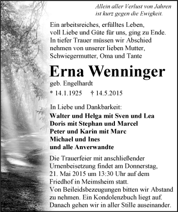 Traueranzeige von Erna Wenninger 