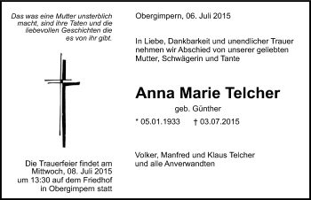 Traueranzeige von Anna Marie Telcher 