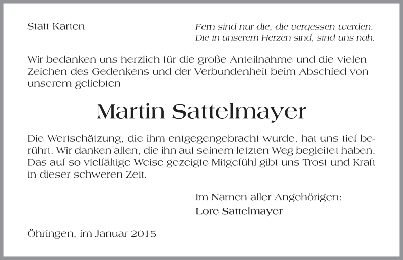  Traueranzeige für Martin Sattelmayer vom 03.01.2015 aus 