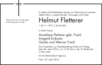 Traueranzeige von Helmut Fletterer 