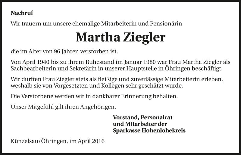  Traueranzeige für Martha Ziegler vom 12.04.2016 aus 