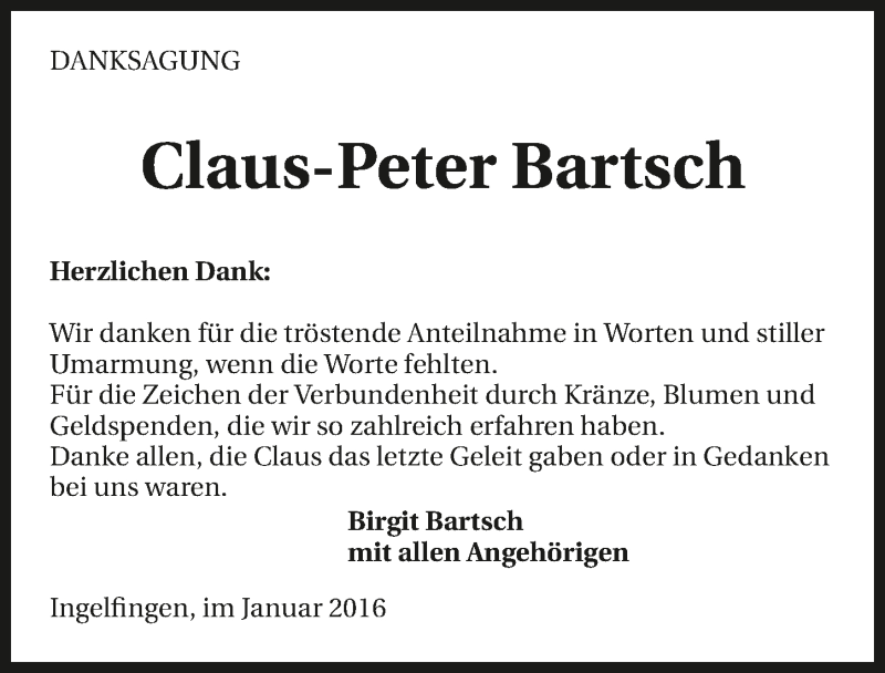  Traueranzeige für Claus-Peter Bartsch vom 09.01.2016 aus 