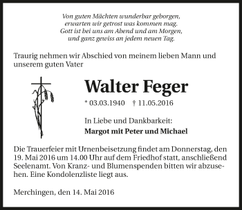 Traueranzeige von Walter Feger 