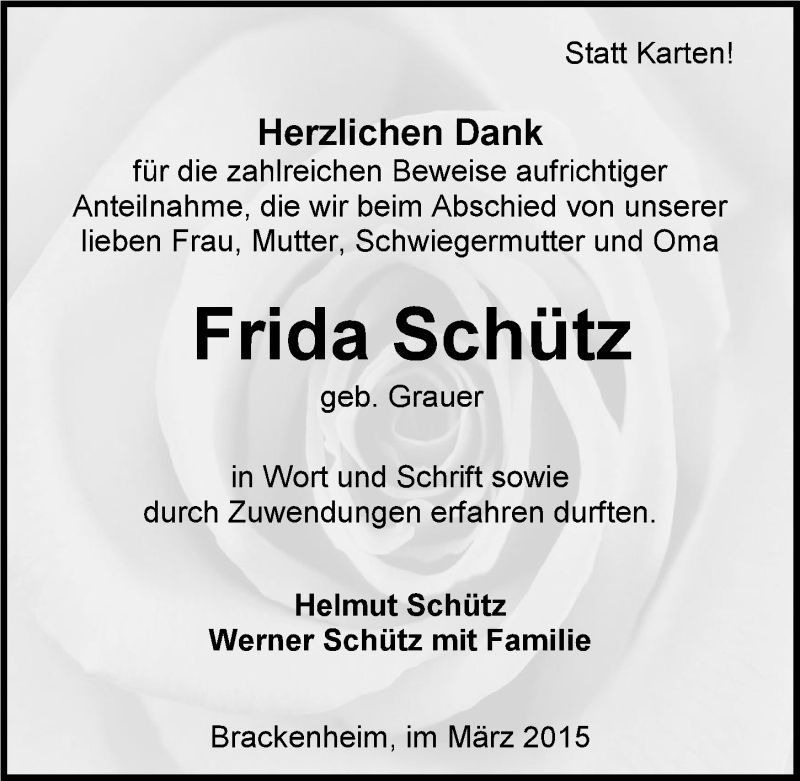  Traueranzeige für Frida Schütz vom 04.03.2015 aus 