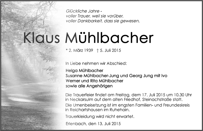  Traueranzeige für Klaus Mühlbacher vom 13.07.2015 aus 