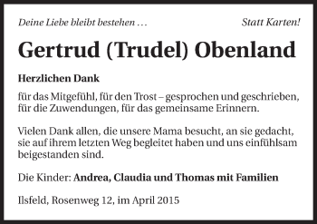 Traueranzeige von Gertrud Obenland 