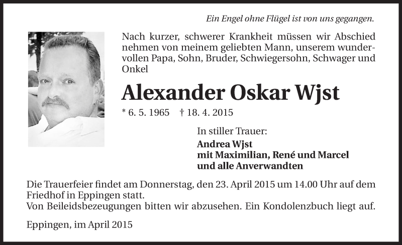  Traueranzeige für Alexander Oskar Wjst vom 21.04.2015 aus 