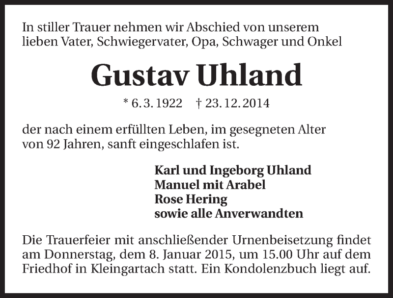  Traueranzeige für Gustav Uhland vom 05.01.2015 aus 