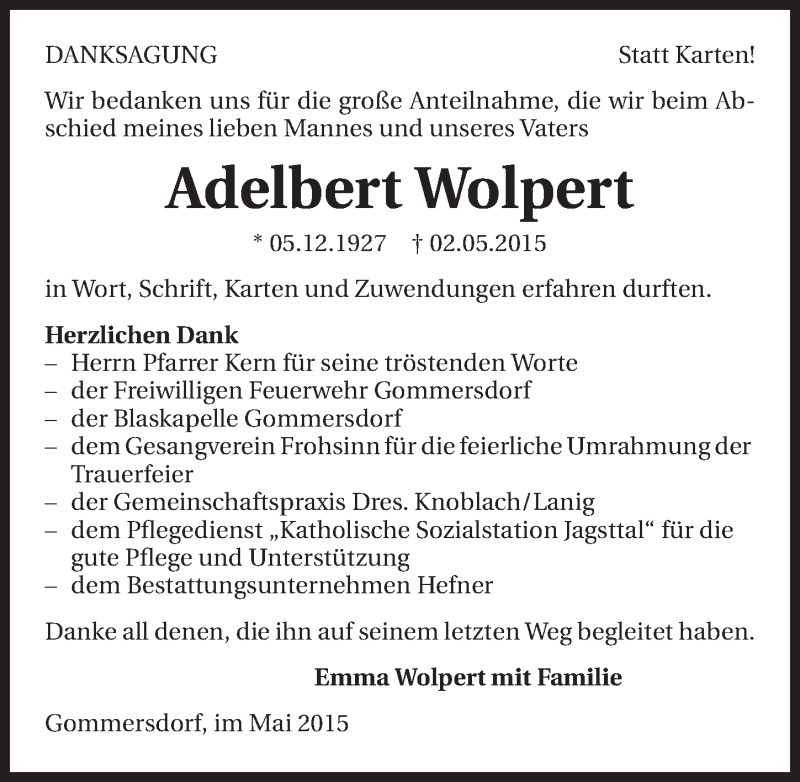  Traueranzeige für Adelbert Wolpfert vom 15.05.2015 aus 