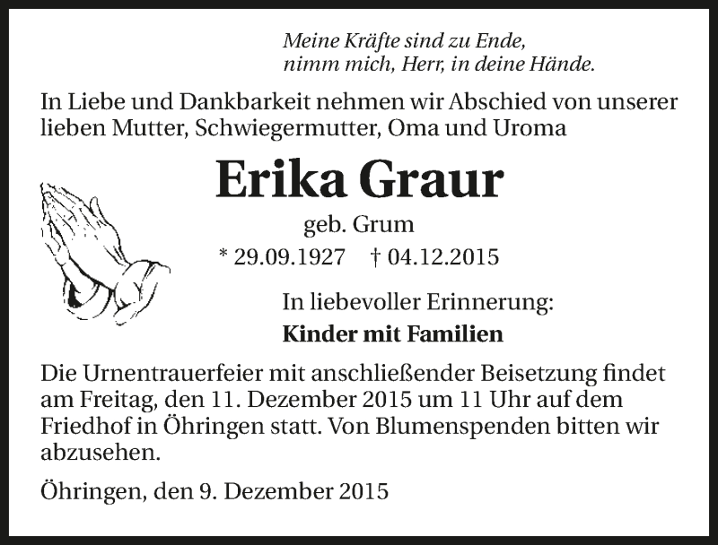  Traueranzeige für Erika Graur vom 09.12.2015 aus 