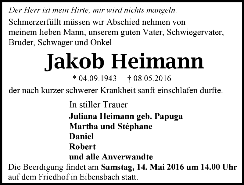  Traueranzeige für Jakob Heimann vom 11.05.2016 aus 