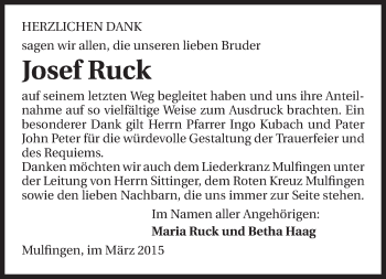 Traueranzeige von Josef Ruck 