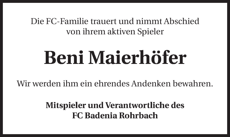  Traueranzeige für Benni Maierhöfer vom 06.05.2015 aus 