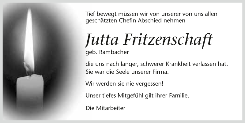 Traueranzeige für Jutta Fritzenschaft vom 27.02.2016 aus 