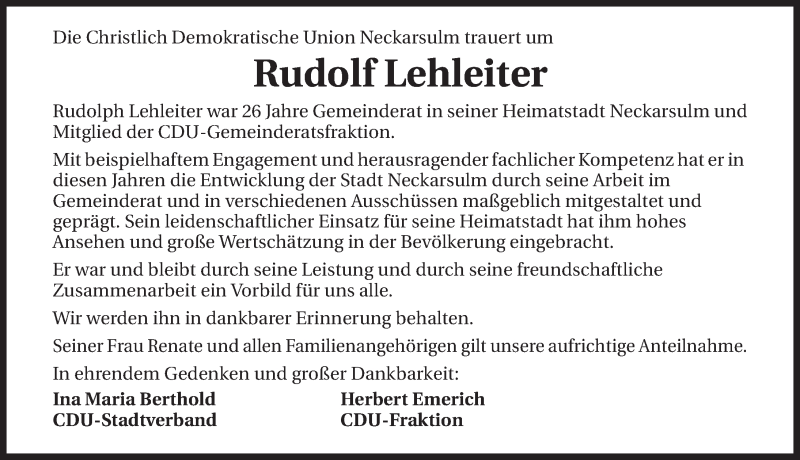  Traueranzeige für Rudolf Lehleiter vom 16.02.2015 aus 