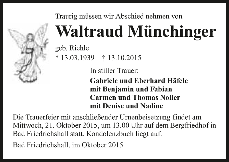  Traueranzeige für Waltraud Münchinger vom 17.10.2015 aus 