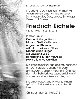 Traueranzeige von Friedrich Eichele 