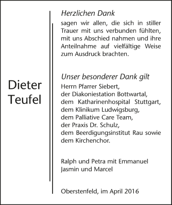 Traueranzeige von Dieter Teufel 