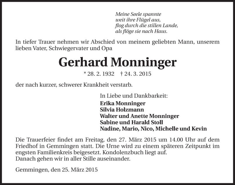  Traueranzeige für Gerhard Monninger vom 25.03.2015 aus 
