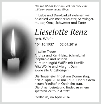 Traueranzeige von Lieselotte Renz 