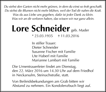 Traueranzeige von Lore Schneider 