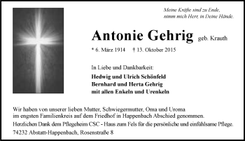 Traueranzeige von Antonie Gehrig 