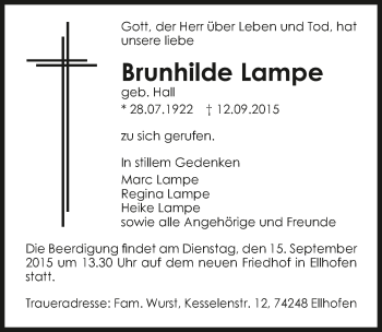 Traueranzeige von Brunhilde Lampe 