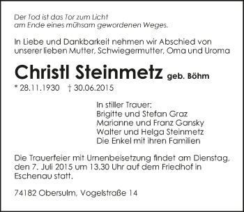 Traueranzeige von Christl Steinmetz 