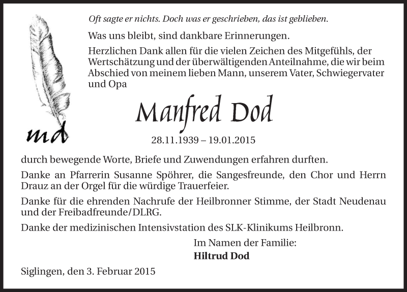  Traueranzeige für Manfred Dod vom 03.02.2015 aus 
