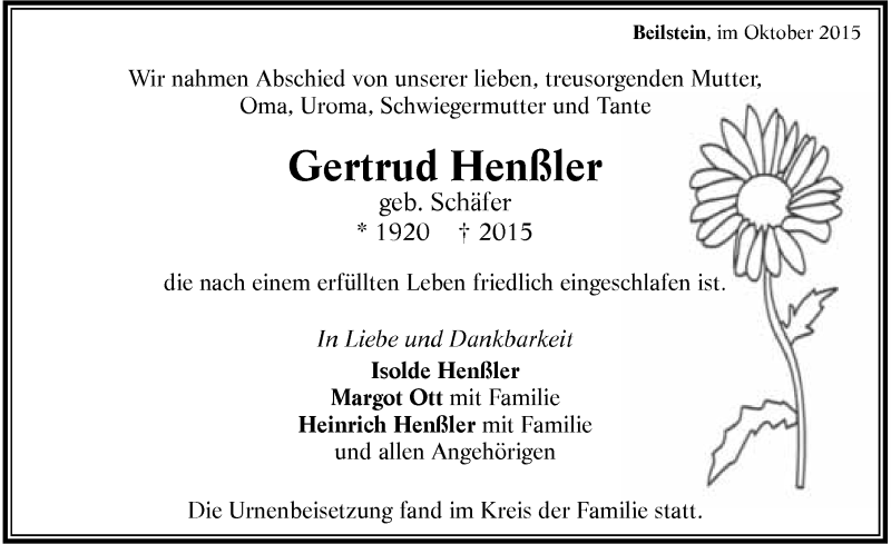  Traueranzeige für Gertrud Henßler vom 17.10.2015 aus 