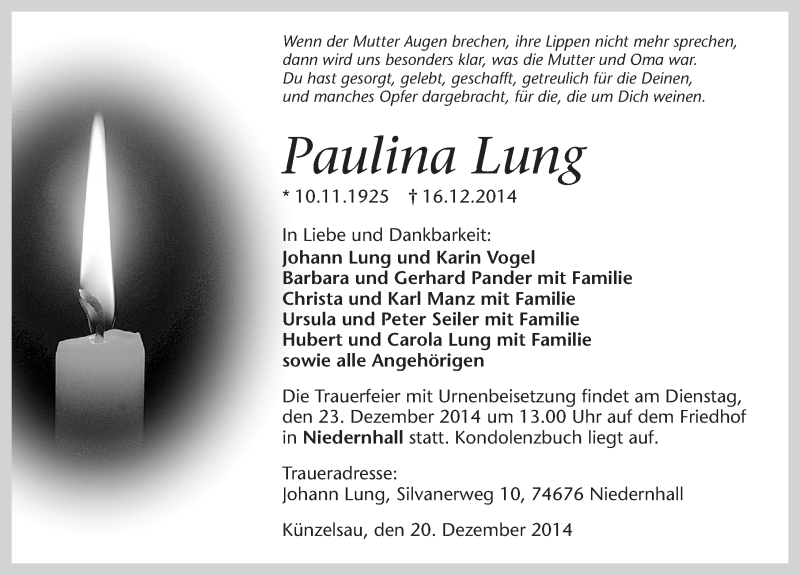  Traueranzeige für Paulina Lung vom 20.12.2014 aus 