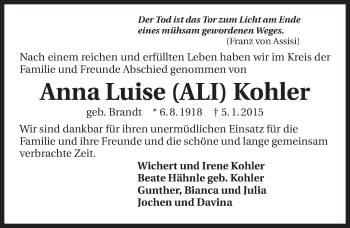 Traueranzeige von Anna Luise Kohler 