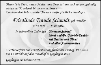 Traueranzeige von Friedlinde Traude Schmidt 