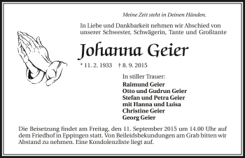 Traueranzeige von Johanna Geier 
