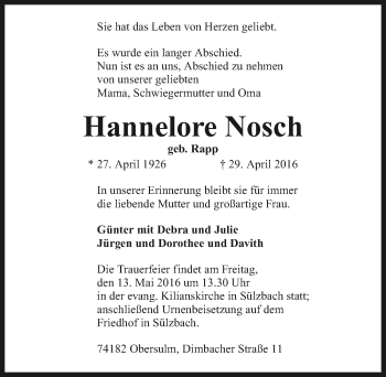 Traueranzeige von Hannelore Nosch 