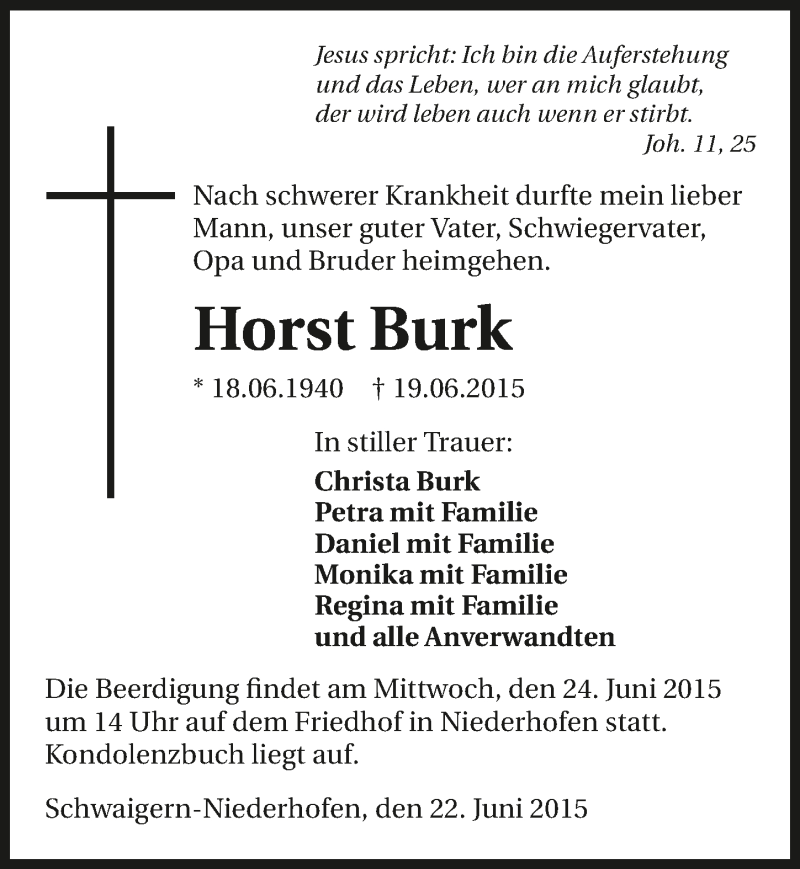  Traueranzeige für Horst Burk vom 22.06.2015 aus 