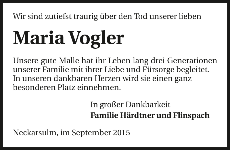 Traueranzeige für Maria Vogler vom 25.09.2015 aus 