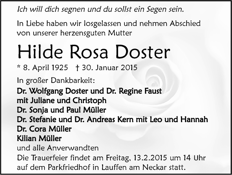  Traueranzeige für Hilde Rosa Doster vom 31.01.2015 aus 