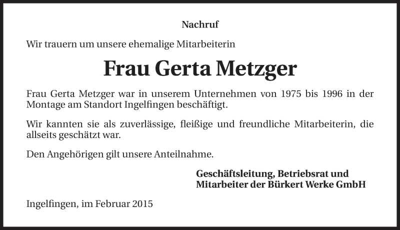  Traueranzeige für Gerta Metzger vom 11.02.2015 aus 