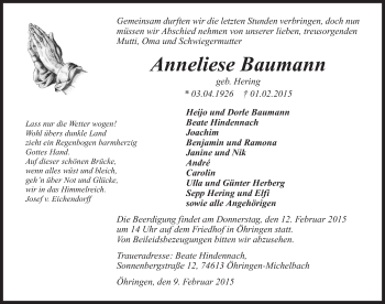 Traueranzeige von Anneliese Baumann 