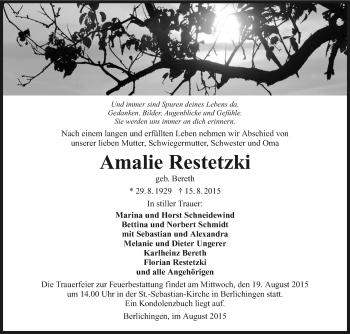 Traueranzeige von Amalie Restetzki 