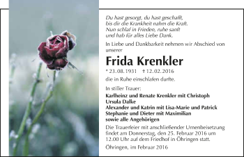 Traueranzeige von Frida Krenkler 