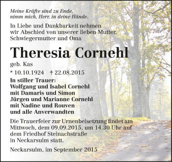 Traueranzeige von Theresia Cornehl 
